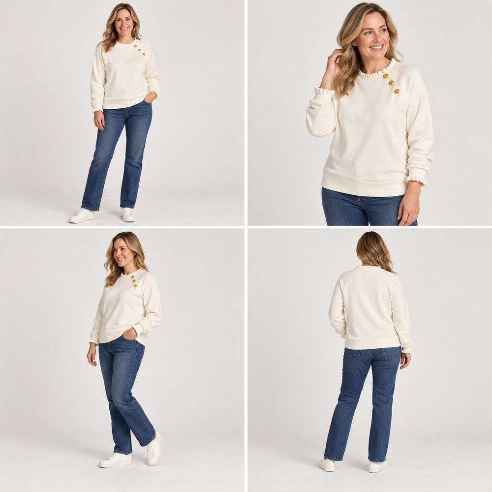 Talbots Sweatshirt Womens Large Ivory Ruffle Trim Gold Buttons Pullover Preppy